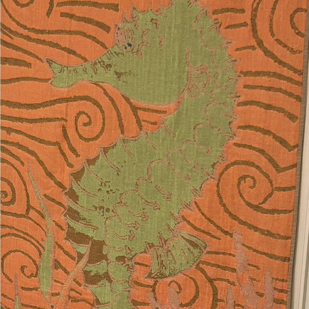Seahorse Towel + Tapestry in Coral Orange Deep Blue + Lime Green Size 38” x 68”